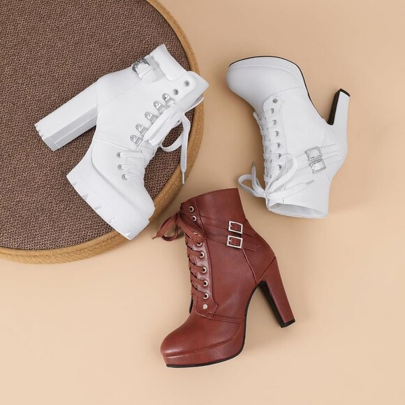 Women's White Susanny High Heel Platform for Sexy Lace Up Mid Calf Boots - Picture 6 of 9